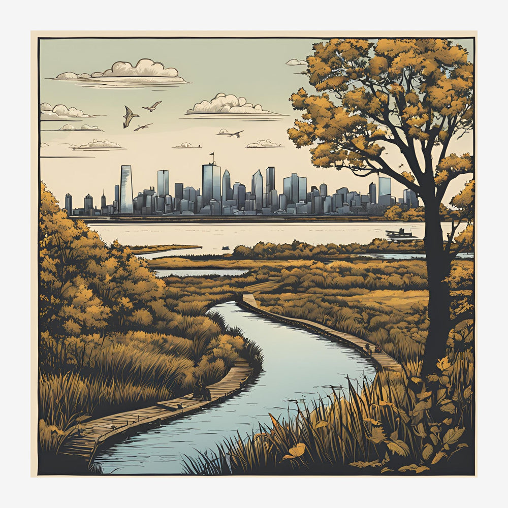 Gravure stylisée montrant un paysage automnal avec un ruisseau au premier plan, une forêt dorée et une skyline urbaine en.