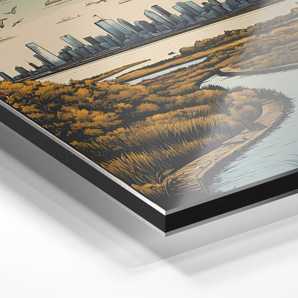 Skyline et marais en automne, affiche ocre — Aluminium Dibond relief 3D