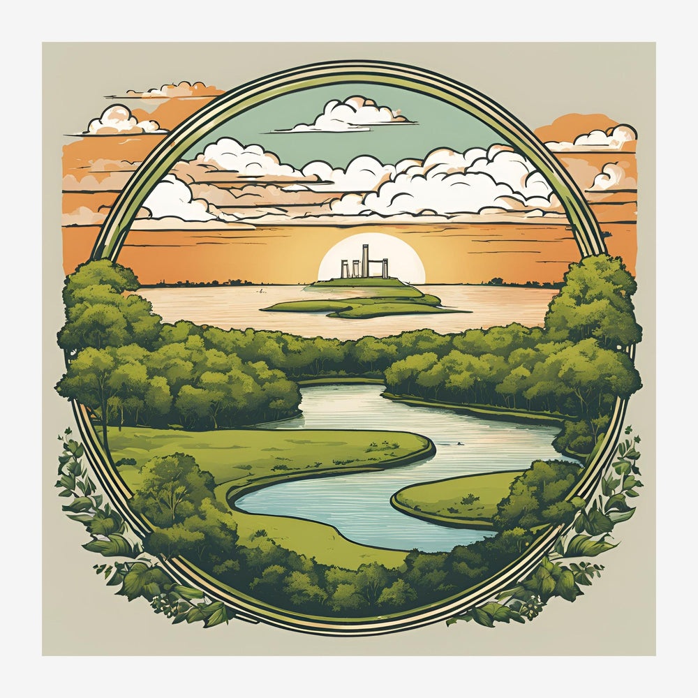 Illustration d'un paysage fluvial avec forêts et prairies encadré dans un médaillon circulaire à décor botanique, avec un.