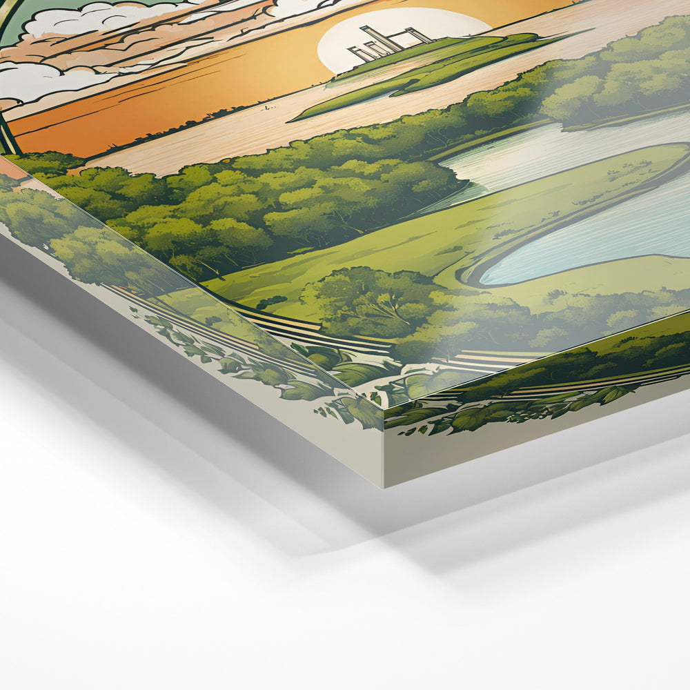 Gros plan de la matière : le tirage sous verre acrylique, tranche transparente visible.