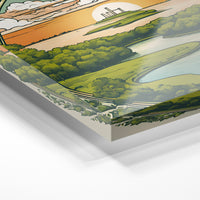 Gros plan de la matière : le tirage sous verre acrylique, tranche transparente visible.