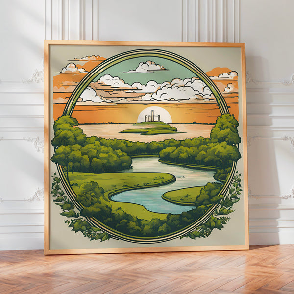 Paysage fluvial dans un médaillon art nouveau — Poster HP mat