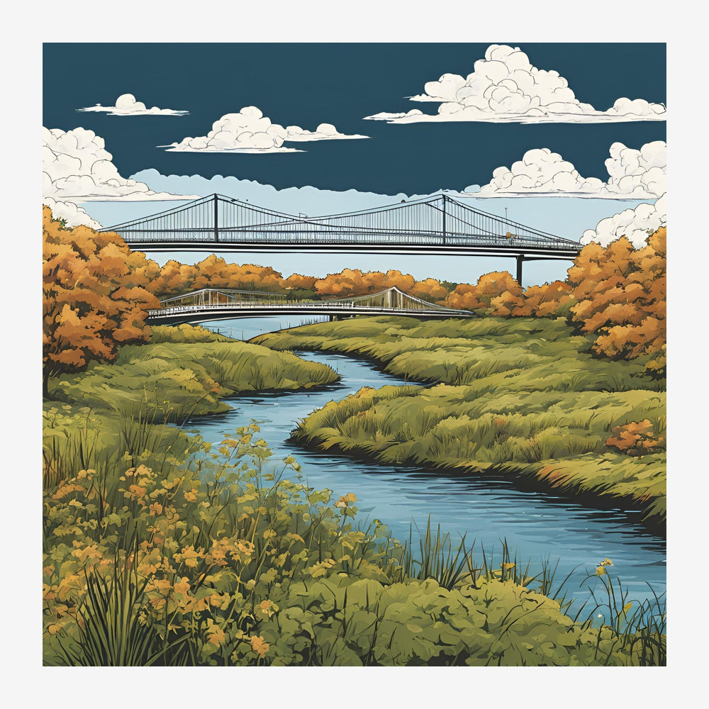 Paysage stylisé montrant deux ponts traversant une vallée verte avec un ruisseau, des fleurs jaunes au premier plan et des.