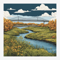 Paysage stylisé montrant deux ponts traversant une vallée verte avec un ruisseau, des fleurs jaunes au premier plan et des.