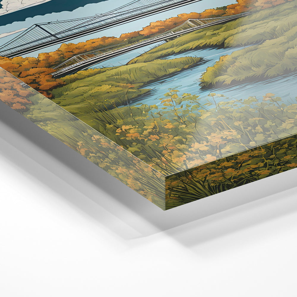 Gros plan de la matière : le tirage sous verre acrylique, tranche transparente visible.