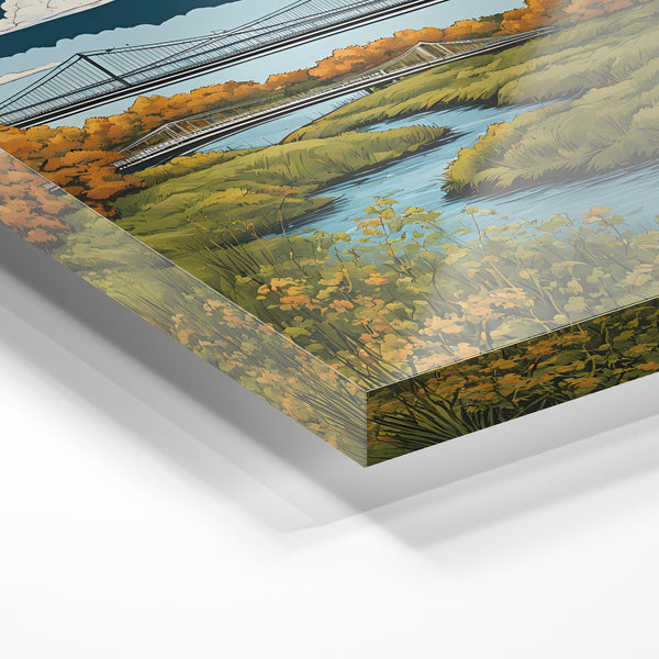 Paysage automnal aux deux ponts et marais bleu — Verre acrylique