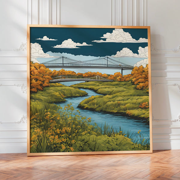 Paysage automnal aux deux ponts et marais bleu — Poster HP mat