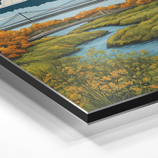Paysage automnal aux deux ponts et marais bleu — Aluminium Dibond