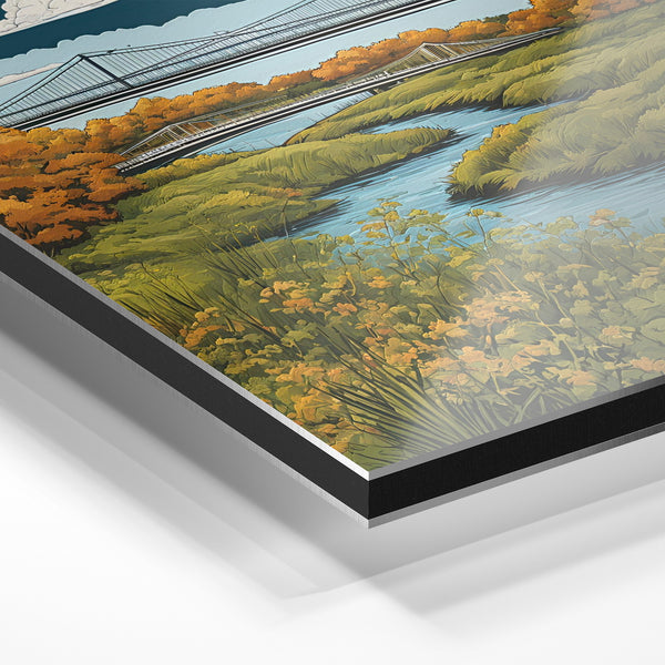 Paysage automnal aux deux ponts et marais bleu — Aluminium Dibond relief 3D