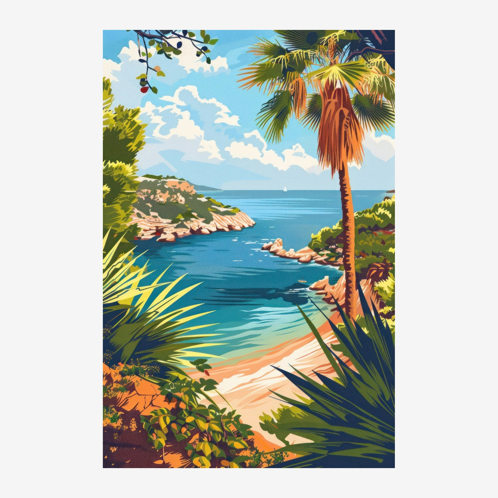 Vue d'une baie tropicale encadrée par des palmiers et une végétation luxuriante, avec une plage de sable clair et une mer.