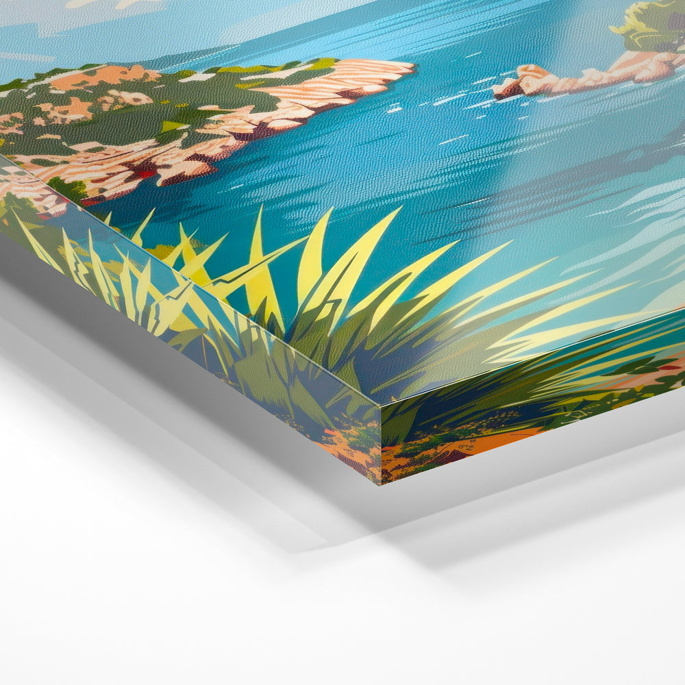 Gros plan de la matière : le tirage sous verre acrylique, tranche transparente visible.