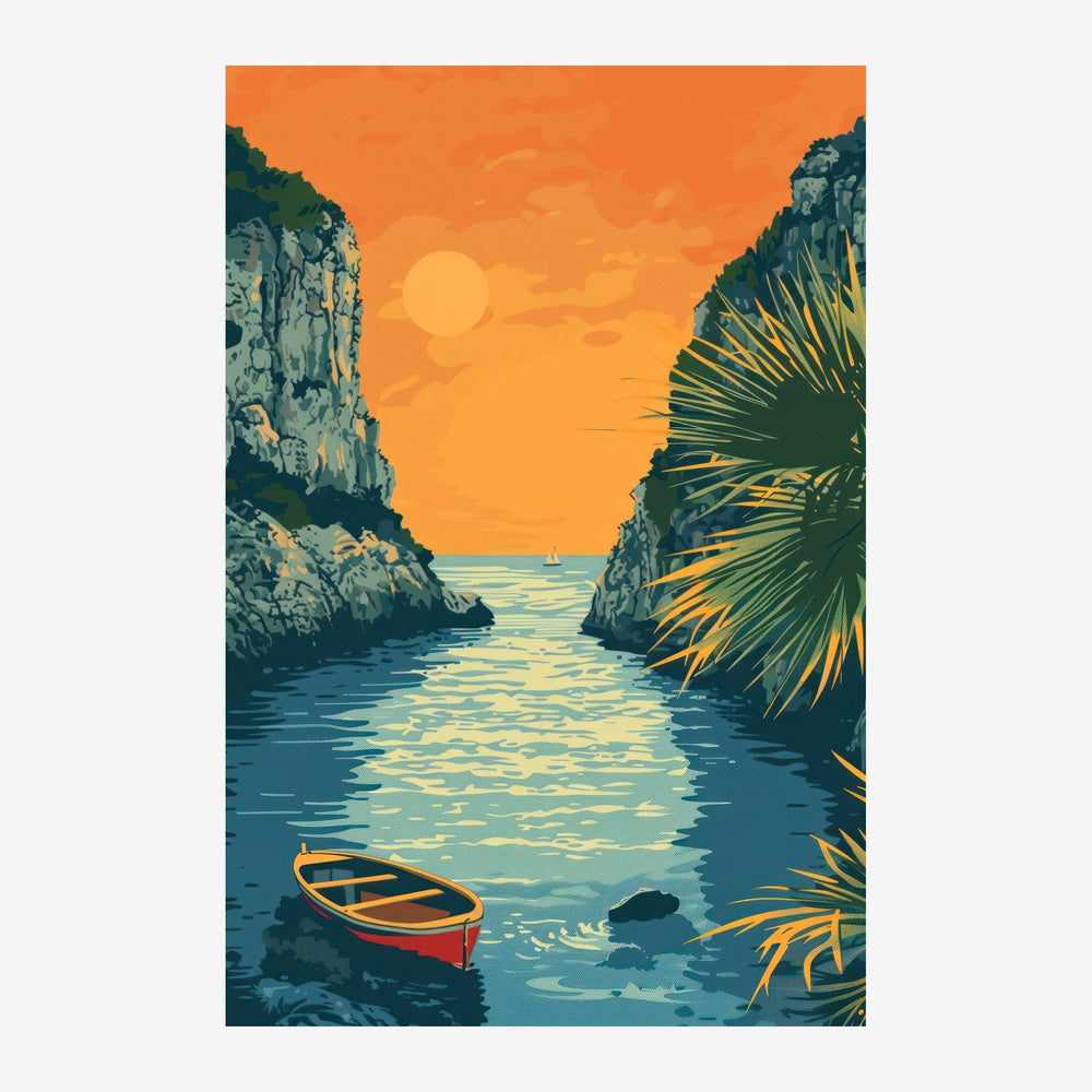 Une baie étroite encadrée par deux falaises rocheuses, avec une barque orange au premier plan, un ciel orange vif et une eau.