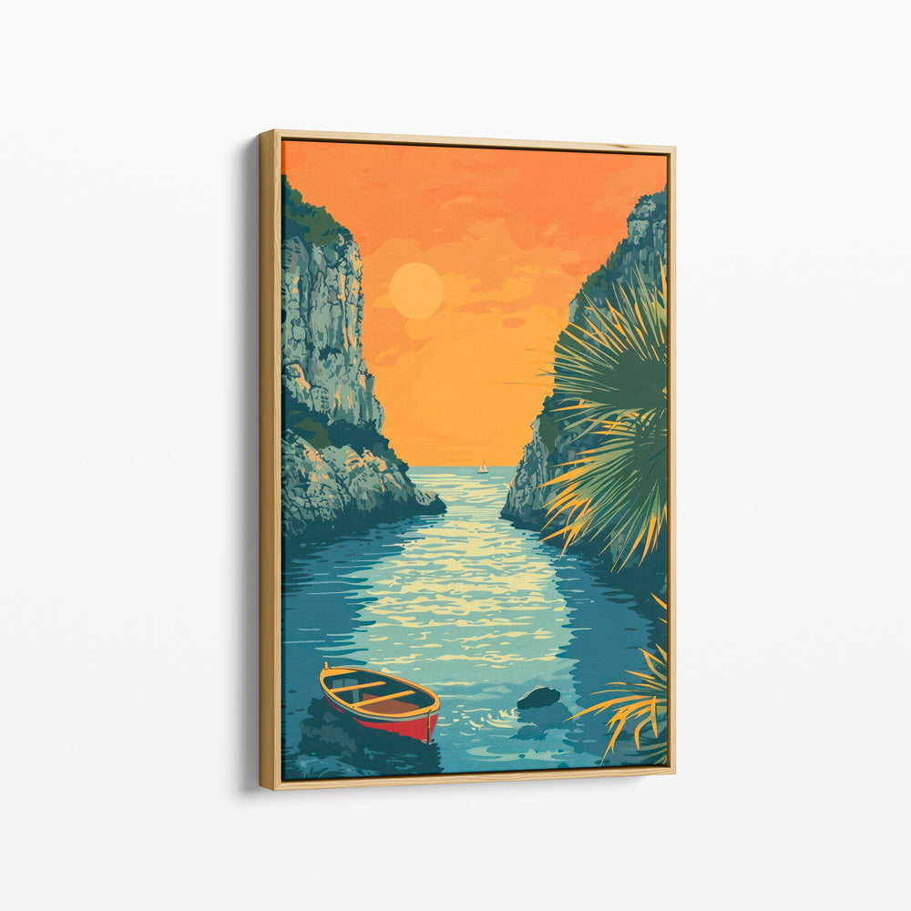 Le tirage encadré d'une caisse américaine en bois, vu de trois quarts contre un mur clair.