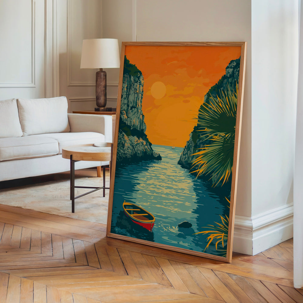Le tableau accroché en situation dans un intérieur meublé.