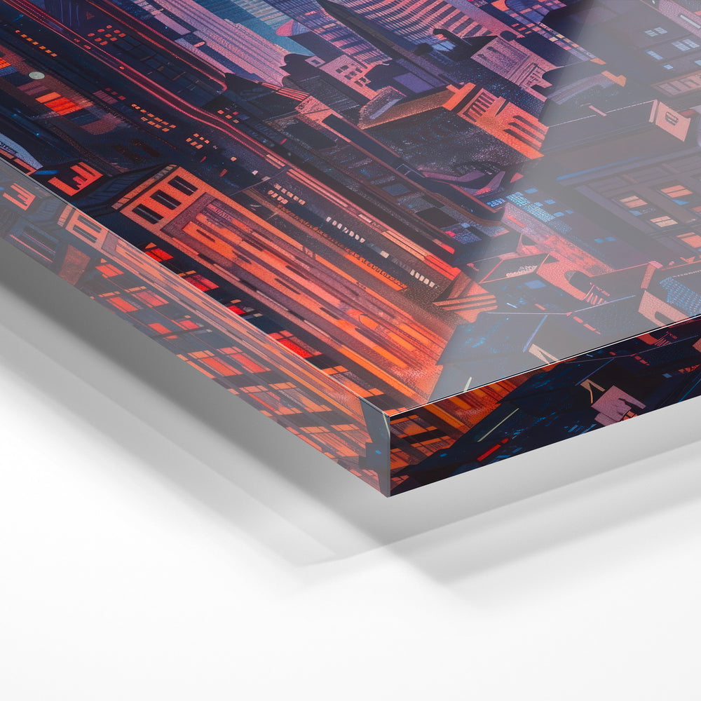 Gros plan de la matière : le tirage sous verre acrylique, tranche transparente visible.