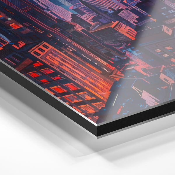 Skyline urbain bleu et orange, style rétrofuturiste — Aluminium Dibond relief 3D