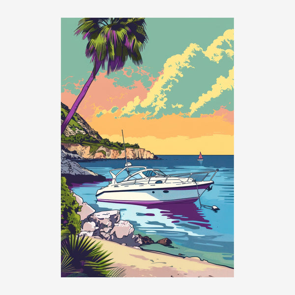 Baie tropicale et voilier au coucher du soleil — Toile sur châssis