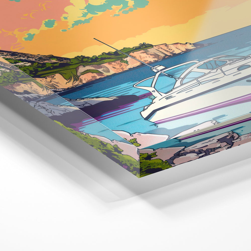 Gros plan de la matière : le tirage sous verre acrylique, tranche transparente visible.