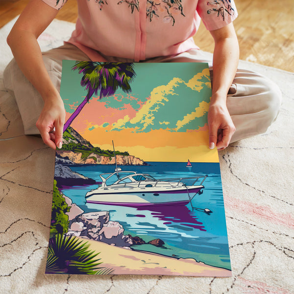 Baie tropicale et voilier au coucher du soleil — Poster HP mat