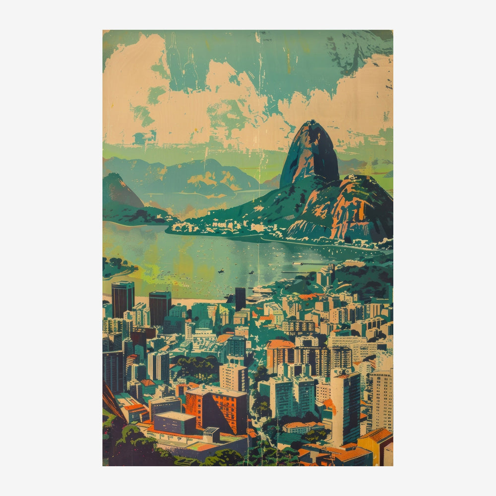 Affiche vintage montrant une baie côtière avec des pics rocheux, une ville colorée au premier plan et un ciel dégradé en.