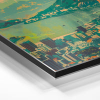 Gros plan de la matière : le tirage contrecollé sur aluminium Dibond mat, tranche visible.