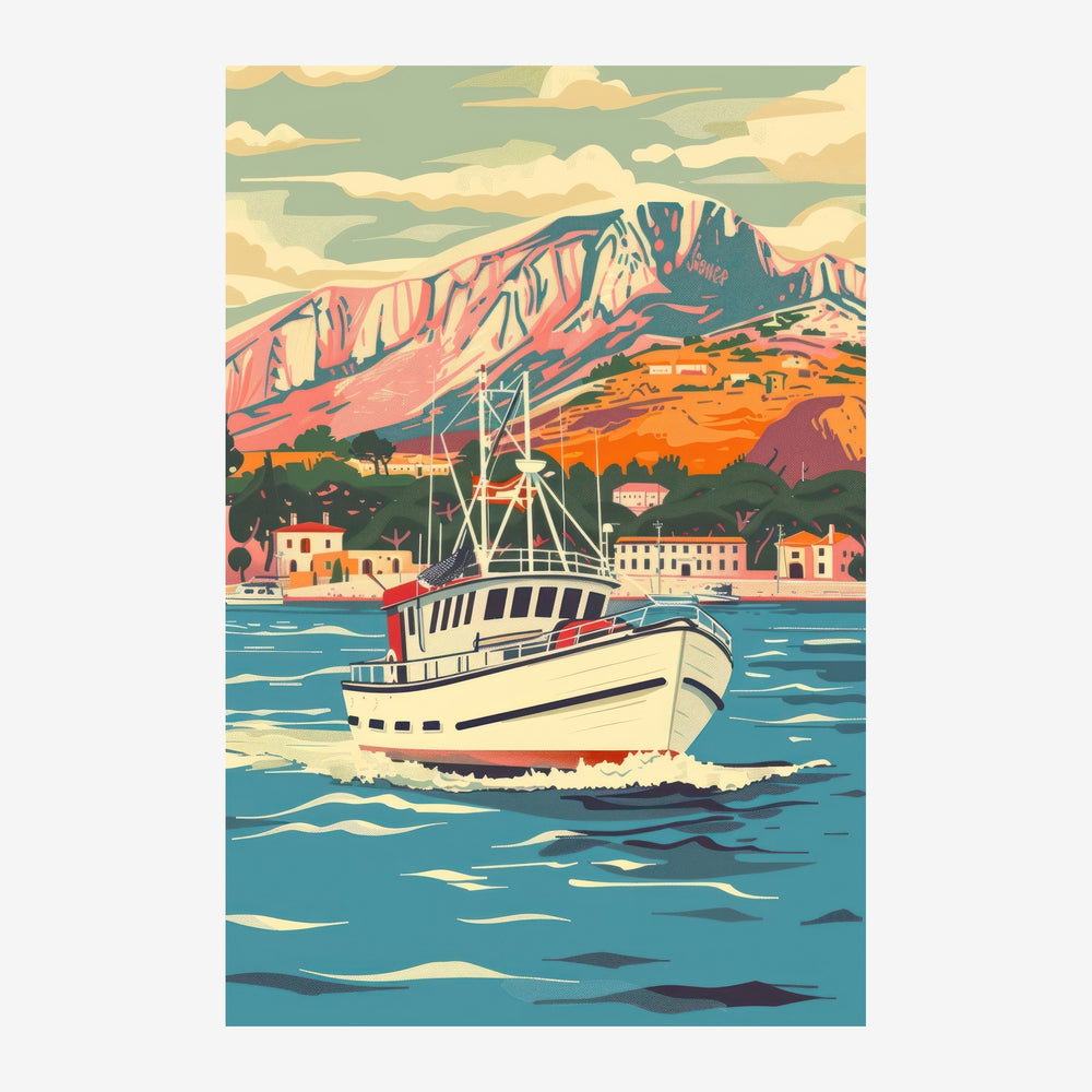 Un bateau de pêche blanc et rouge navigue face aux montagnes colorées d'une côte méditerranéenne dans un style affiche.