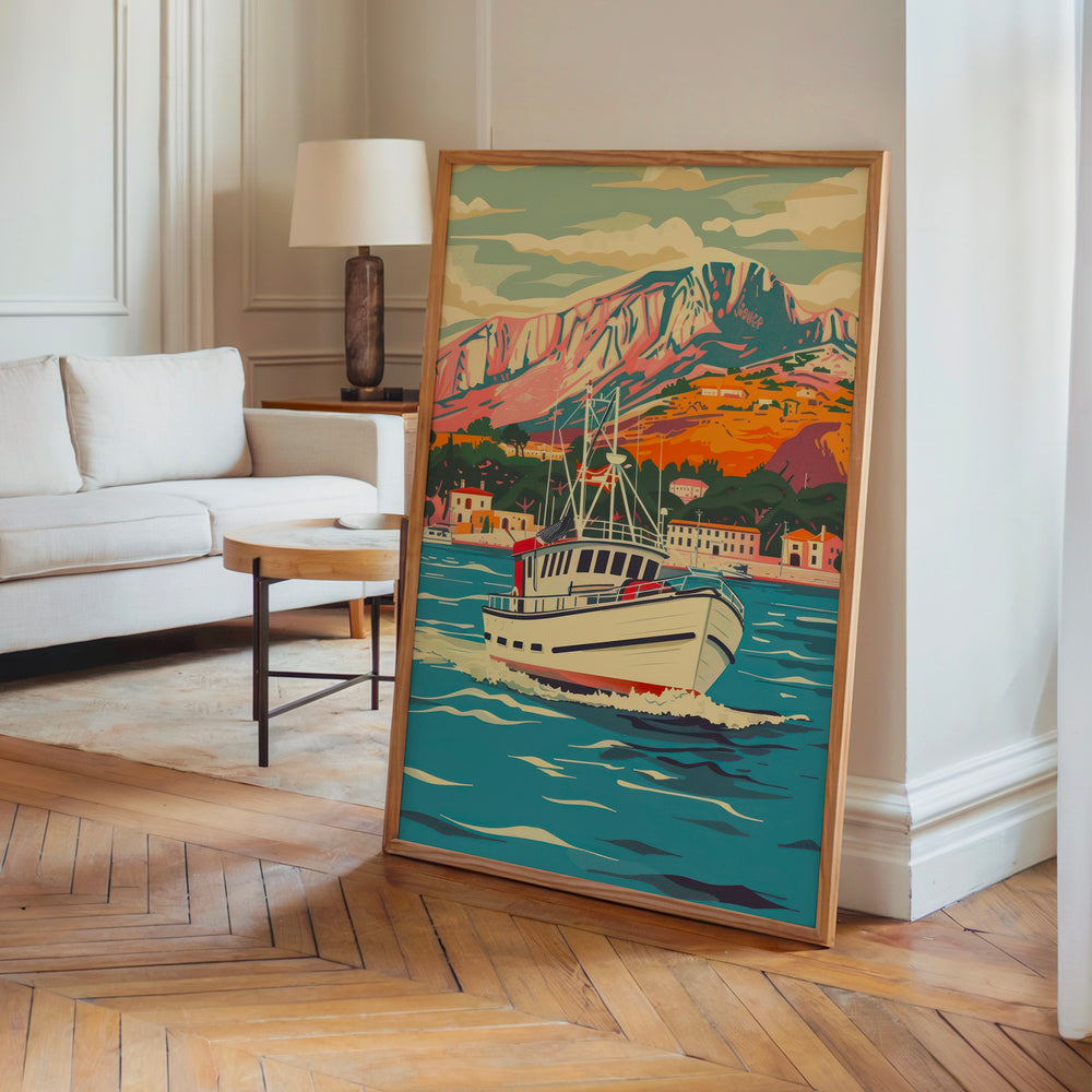 Le tableau accroché en situation dans un intérieur meublé.
