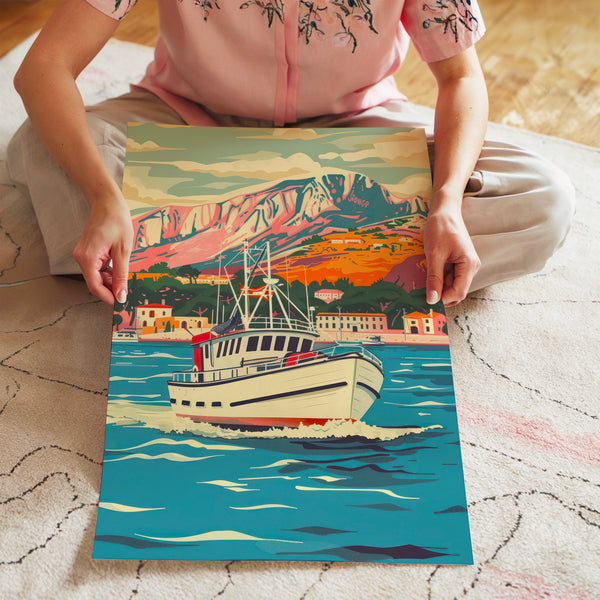 Bateau de pêche en rade, paysage côtier vintage — Poster HP mat
