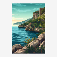 Vue d'une côte rocheuse avec des ruines d'édifice ancien sur une falaise, surplombant une mer turquoise parsemée de rochers.