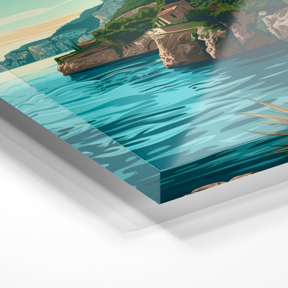 Gros plan de la matière : le tirage sous verre acrylique, tranche transparente visible.