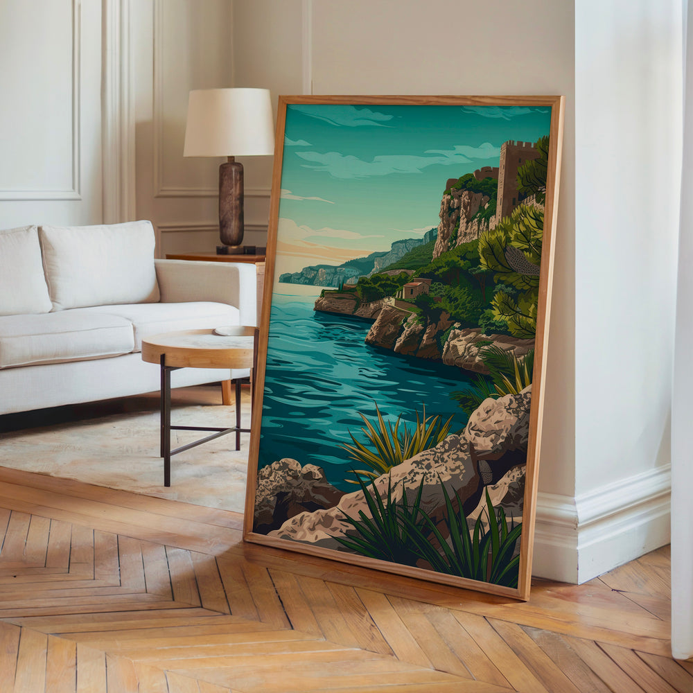 Le tableau accroché en situation dans un intérieur meublé.