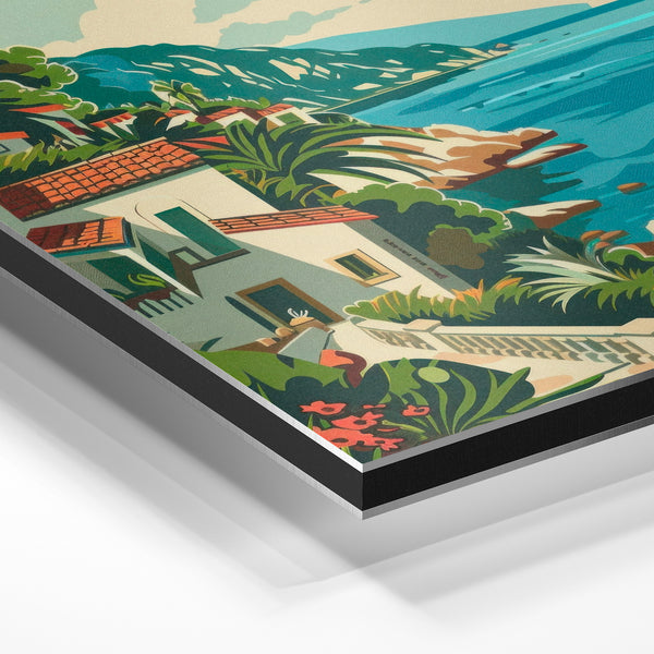 Villa côtière et palmier, affiche rétro bleu turquoise — Aluminium Dibond