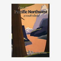 Affiche vintage de voyage représentant un paysage de montagnes et vallées en teintes terracotta, beige et bleu marine, avec.