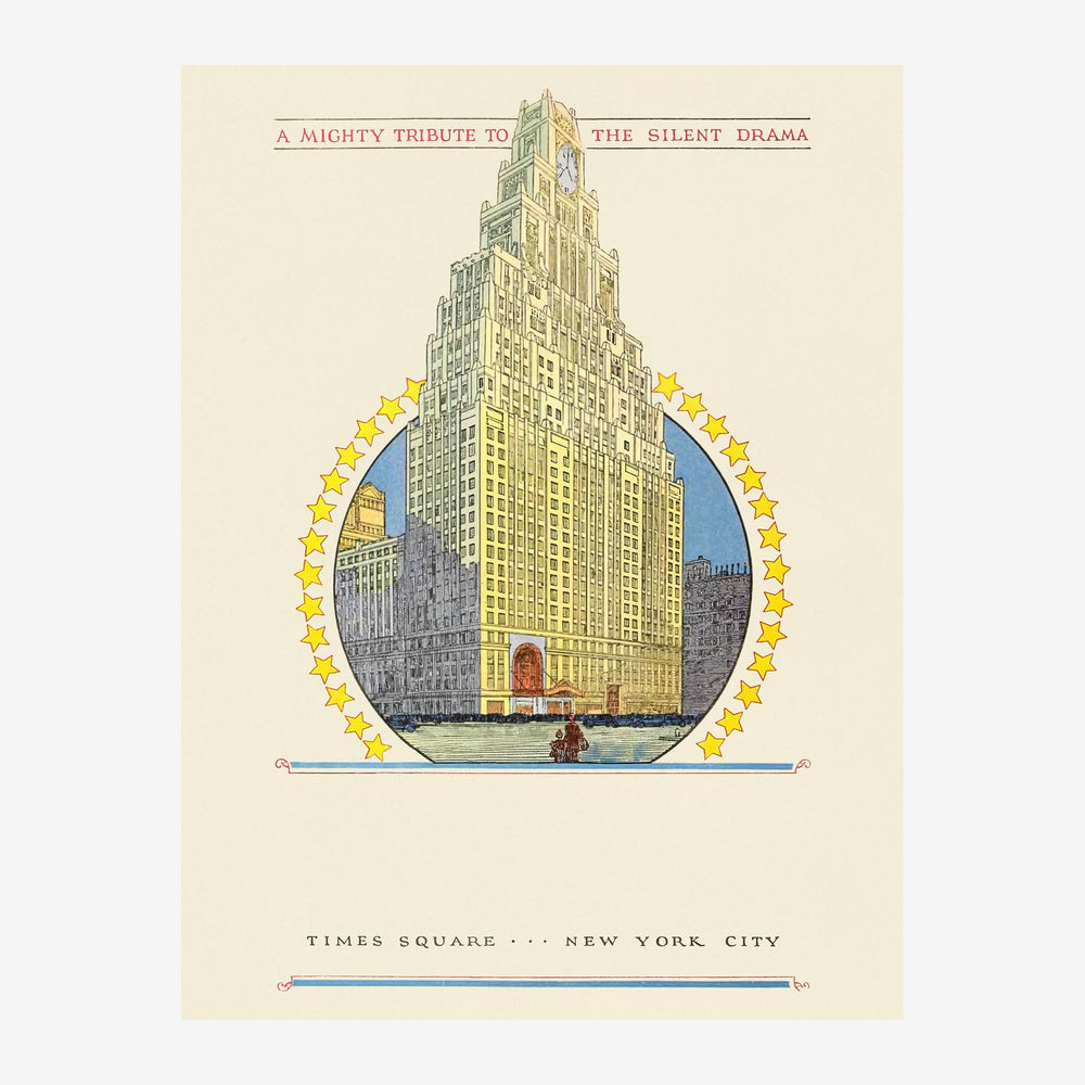Affiche art déco représentant un gratte-ciel de New York encadré d'étoiles dorées, avec le texte "A Mighty Tribute to the.