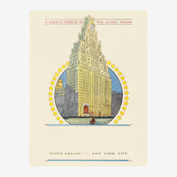 Affiche art déco représentant un gratte-ciel de New York encadré d'étoiles dorées, avec le texte "A Mighty Tribute to the.