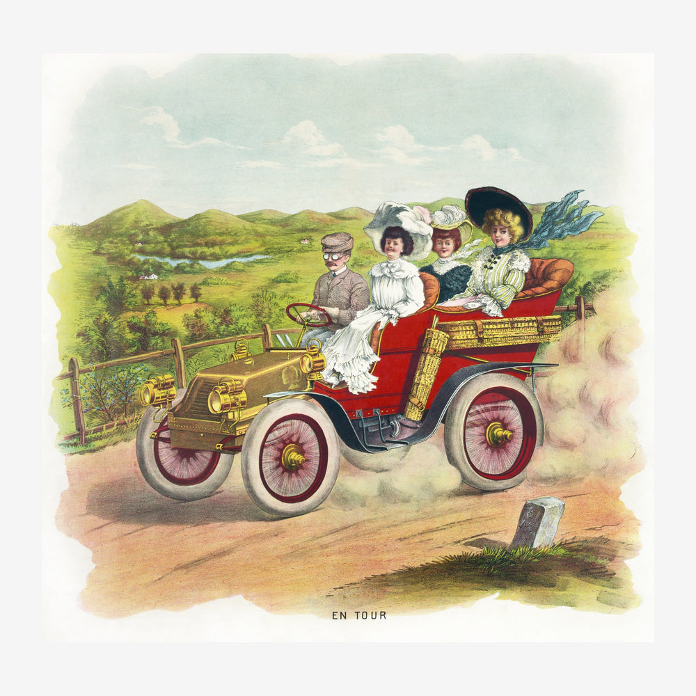 Illustration vintage montrant quatre personnages élégants dans une voiture rouge décapotable circulant sur une route de.