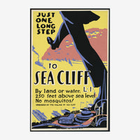 Affiche vintage jaune et noire représentant un couple montant un escalier menant à une falaise côtière, avec texte "Just One.