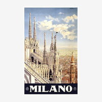 Affiche de voyage vintage présentant la Cathédrale de Milano avec ses tours gothiques blanches dominates le paysage urbain.