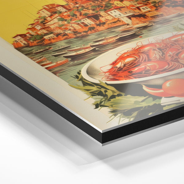 Pâtes terracotta et village côtier, affiche vintage — Aluminium Dibond relief 3D