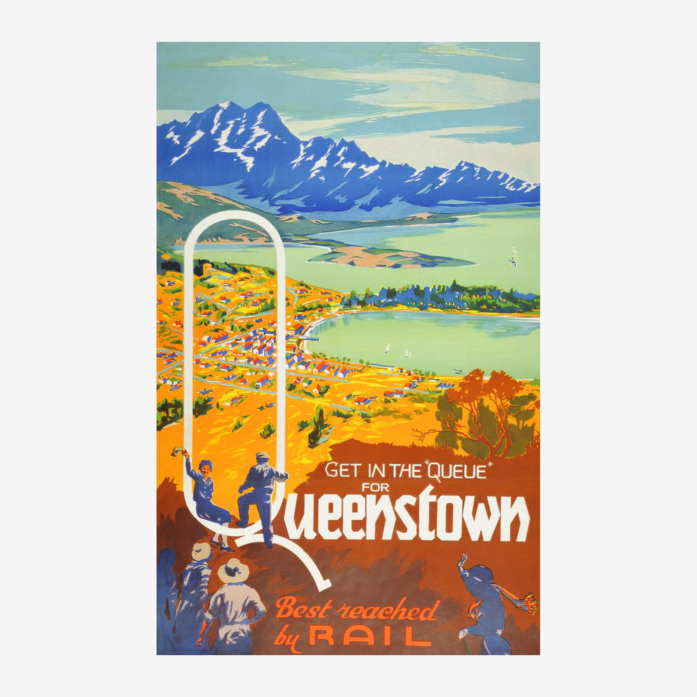 Affiche vintage de voyage montrant des voyageurs sous une arche blanche face à des montagnes bleues, vallées vertes et.