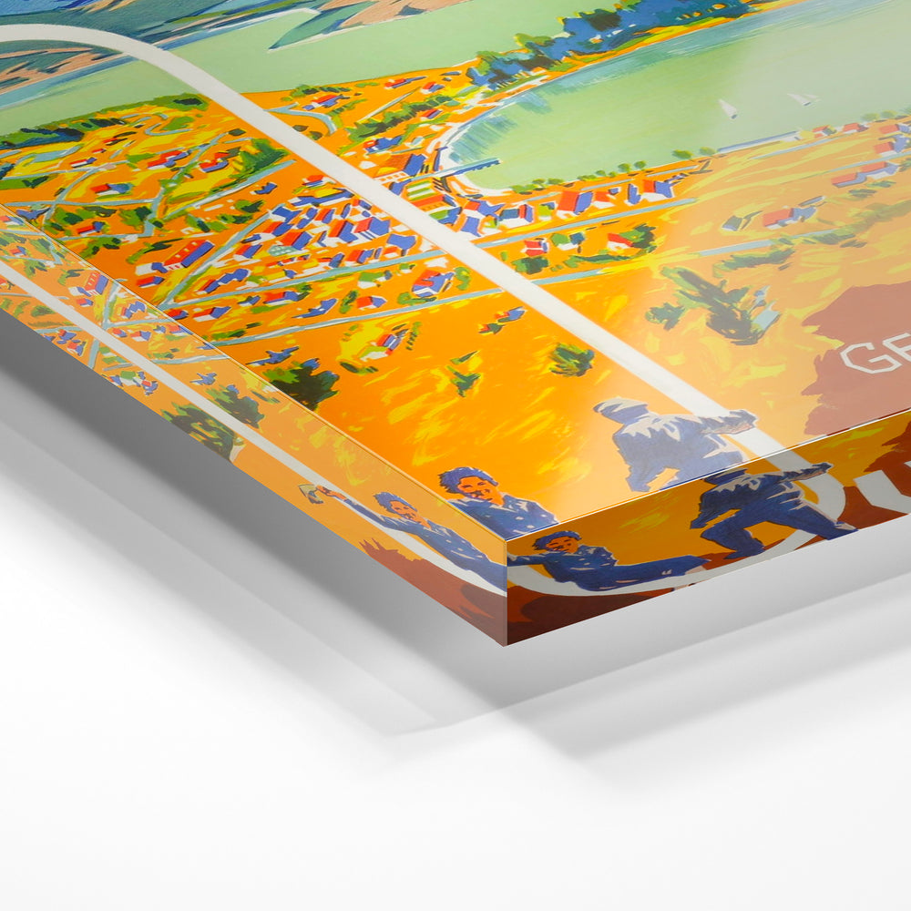 Gros plan de la matière : le tirage sous verre acrylique, tranche transparente visible.