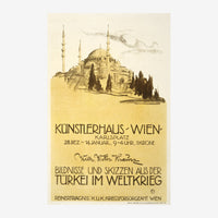Affiche ancienne beige et ocre représentant une mosquée avec minaret sur une colline, entourée de cyprès, texte allemand en.