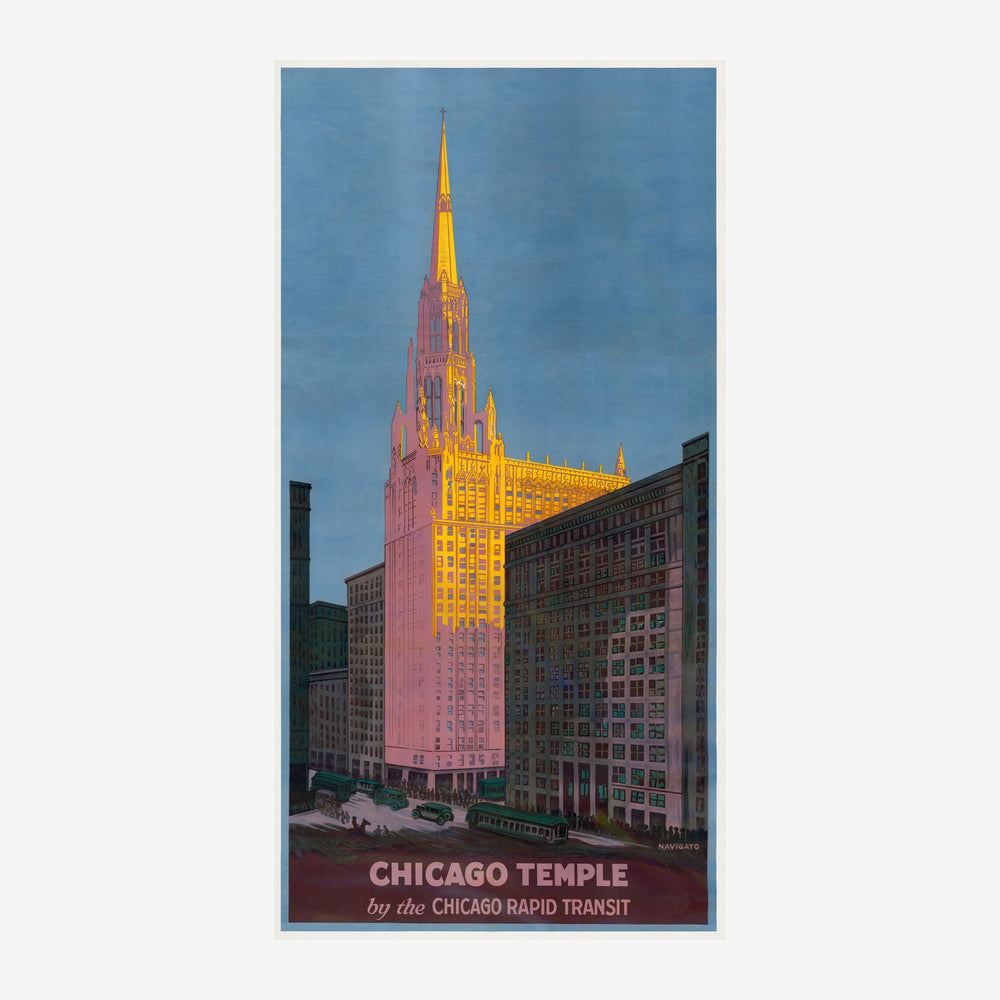 Affiche vintage représentant le Chicago Temple illuminé au coucher de soleil, entouré de buildings gris, avec ciel bleu et.