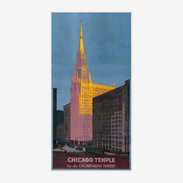 Affiche vintage représentant le Chicago Temple illuminé au coucher de soleil, entouré de buildings gris, avec ciel bleu et.
