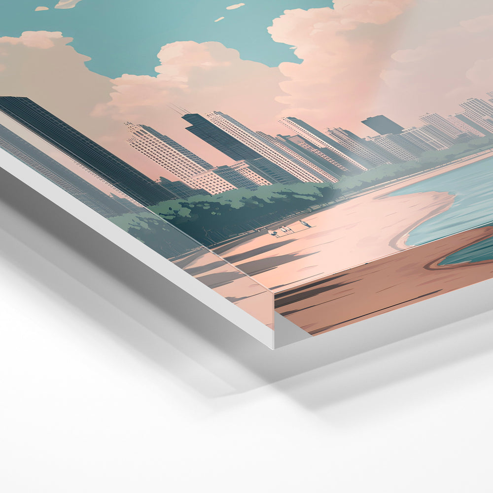 Gros plan de la matière : le tirage sous verre acrylique, tranche transparente visible.