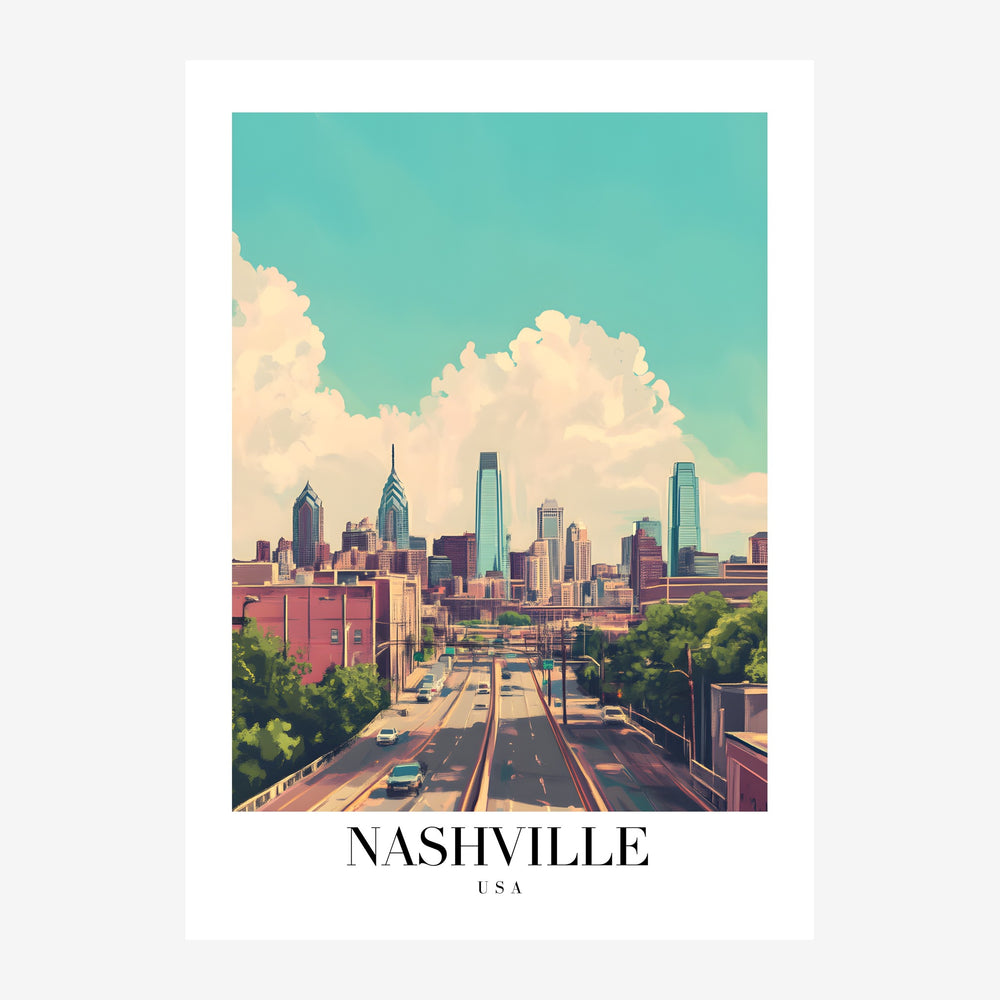 Affiche de voyage représentant la skyline de Nashville depuis une route surélevée, avec gratte-ciel, ciel turquoise et.