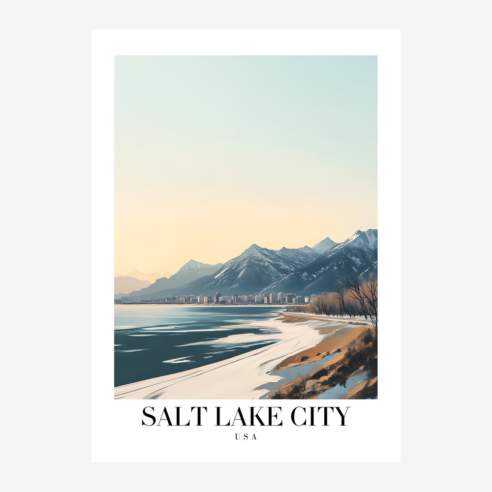 Affiche illustrée représentant Salt Lake City en hiver : un lac gelé bleu-vert au premier plan, une bande de sable beige.