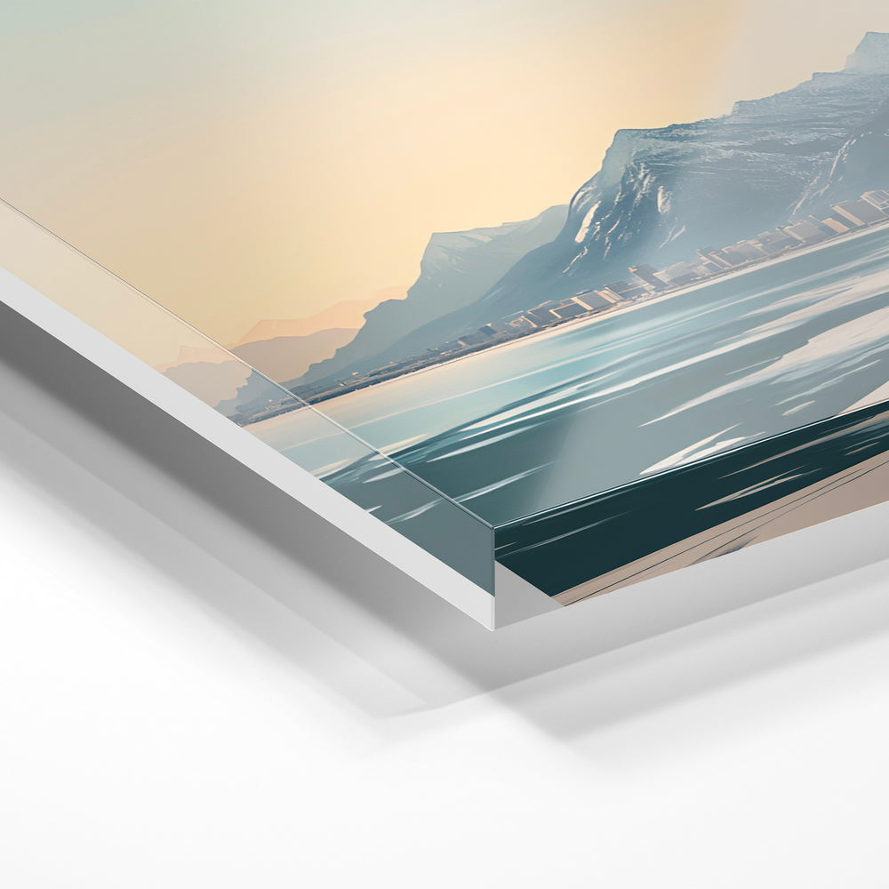 Gros plan de la matière : le tirage sous verre acrylique, tranche transparente visible.