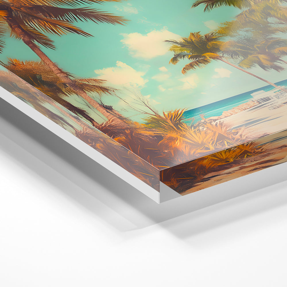 Gros plan de la matière : le tirage sous verre acrylique, tranche transparente visible.