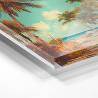 Gros plan de la matière : le tirage sous verre acrylique, tranche transparente visible.